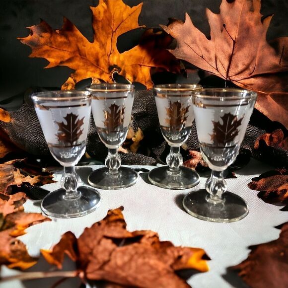Libbey Golden Foliage Cordial Glasses Frosted Stemmed Gold Oak Leaf MCM Mad Men. - Picture 14 of 16